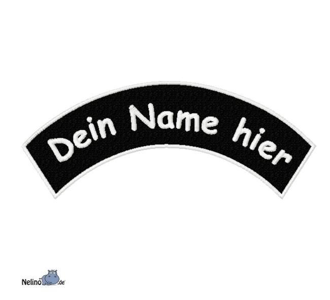 bestickter Aufnäher Bogen oben Wunschtext & Wunschgröße auf schwarzen Untergrundstoff