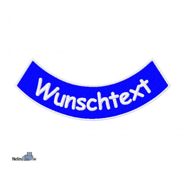 bestickter Aufnäher Bogen unten Wunschtext & Wunschgröße auf blauen Untergrundstoff