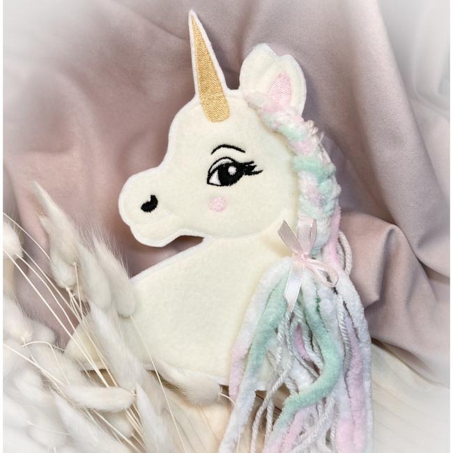 Einhorn Applikation  mit Wollmähne / Einhornkopf groß / Patch für DIY / Einschulung / Zuckertüte