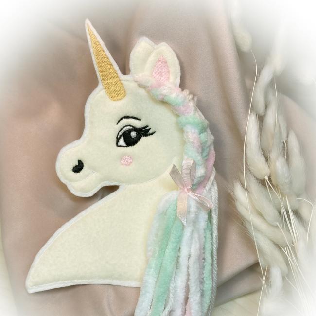 Einhorn Applikation  mit Wollmähne / Einhornkopf groß / Patch für DIY / Einschulung / Zuckertüte