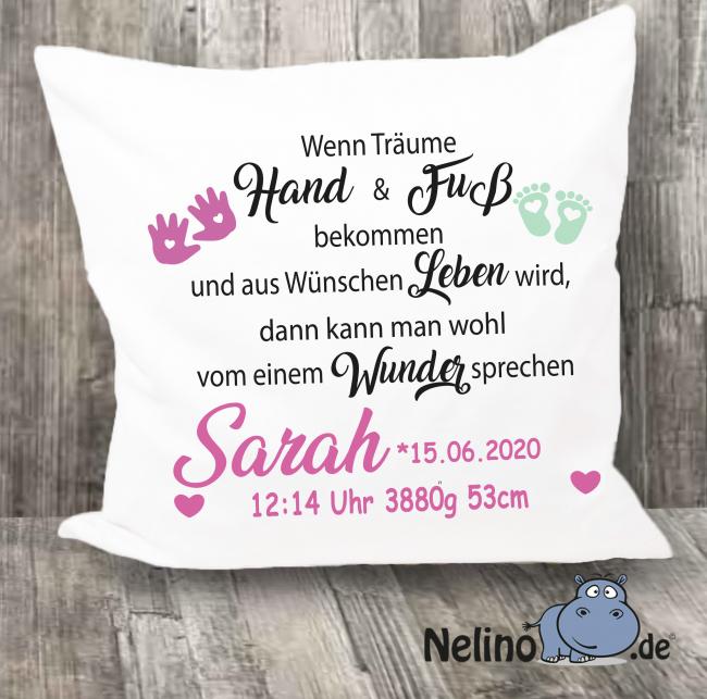 Kissen "Wenn Träume Hand und Fuß..." mit Name & Geburtsdaten