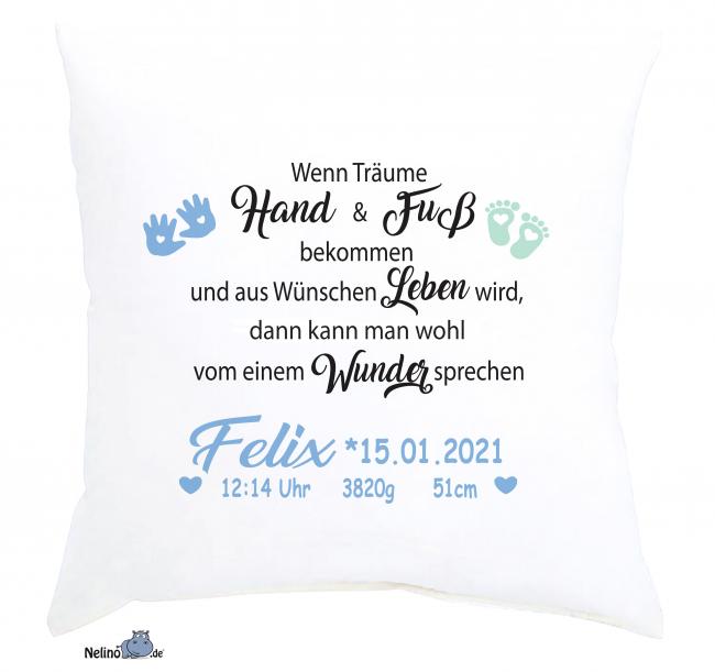 Kissen "Wenn Träume Hand und Fuß..." mit Name & Geburtsdaten