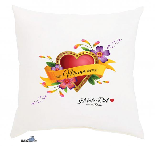 Kissen Motiv Blumenherz "Beste Mama der Welt" mit Personalisierung
