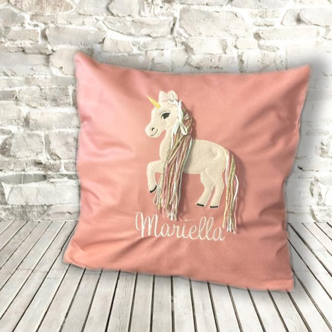 Kissen Einhorn gestickt ♥ Süßes Einhornkissen ♥ mit Wollhaaren und Wunschname