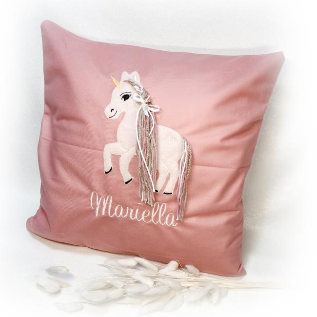Kissen Einhorn gestickt ♥ Süßes Einhornkissen ♥ mit Wollhaaren und Wunschname
