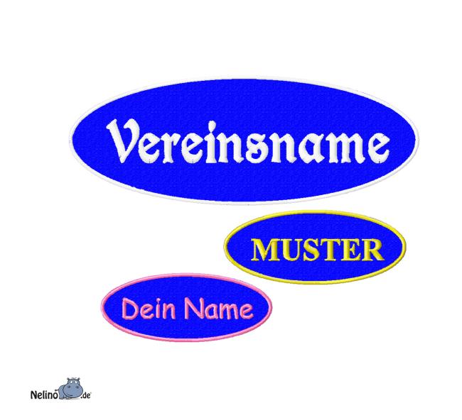 bestickter Aufnäher Oval Wunschtext & Wunschgröße auf blauen Untergrundstoff