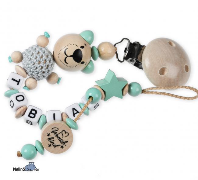 Schnullerkette Wunschkind als Seitenableger mit 3D Bär und Stern
