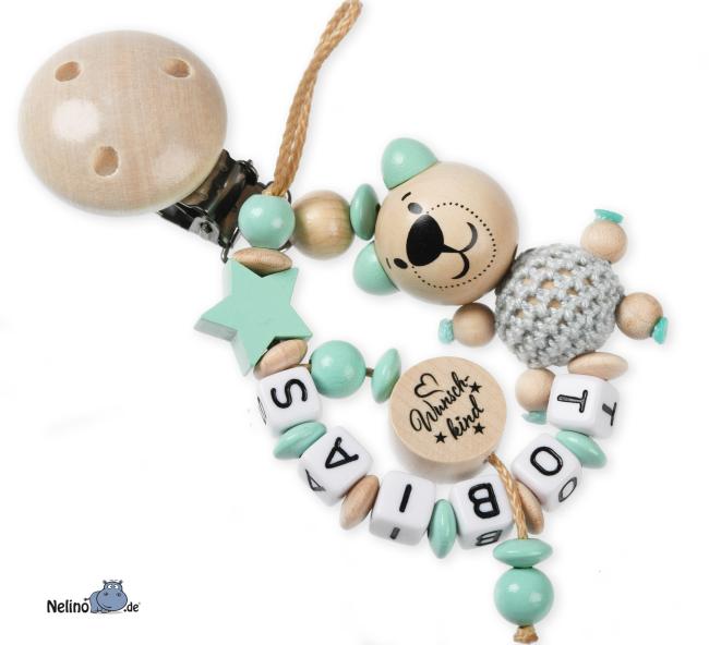 Schnullerkette Wunschkind als Seitenableger mit 3D Bär und Stern