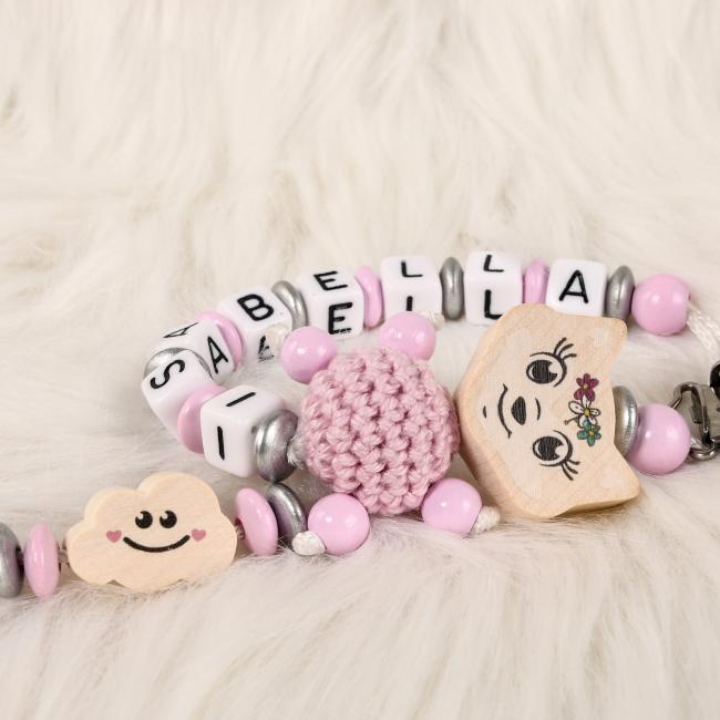 3 teiliges Set  Schnullerkette, Kinderwagenkette & Greifring mit Wunschname  für Mädchen