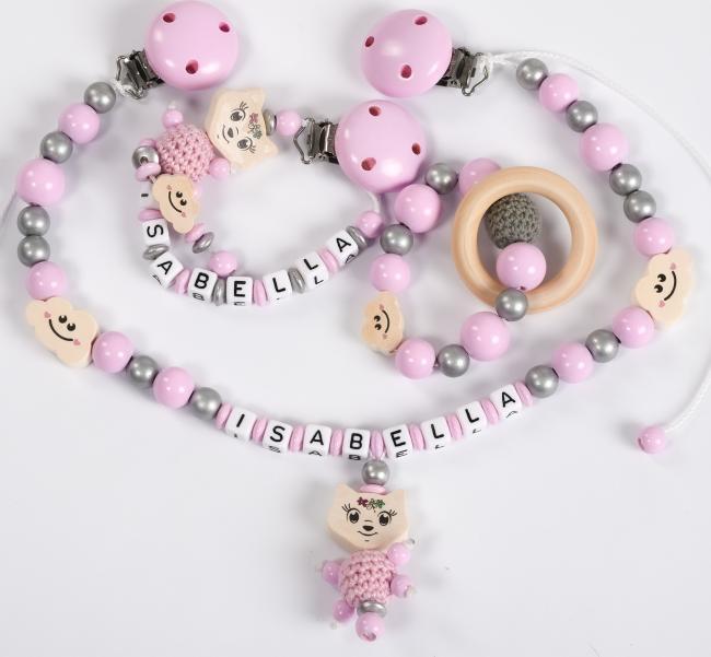 3 teiliges Set  Schnullerkette, Kinderwagenkette & Greifring mit Wunschname  für Mädchen