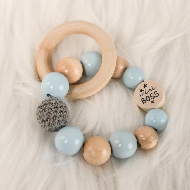 5 teiliges Set Kinderwagenkette, Greifring , Schnullerkette, Taschenanhänger & Schlüsselanhänger "mini Boss"