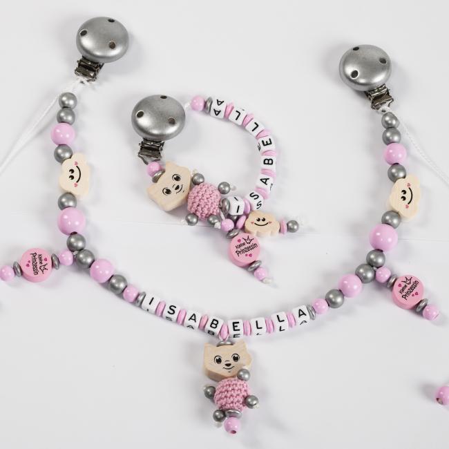 5 teiliges Set Kinderwagenkette, Greifring , Schnullerkette, Taschenanhänger & Schlüsselanhänger "kleine Prinzessin"