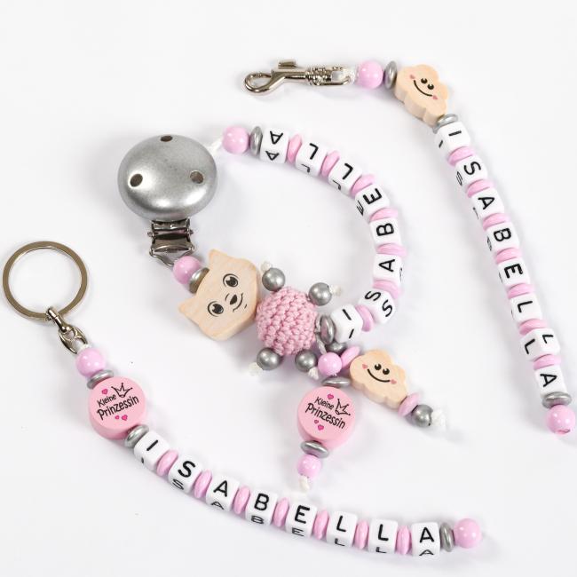 5 teiliges Set Kinderwagenkette, Greifring , Schnullerkette, Taschenanhänger & Schlüsselanhänger "kleine Prinzessin"