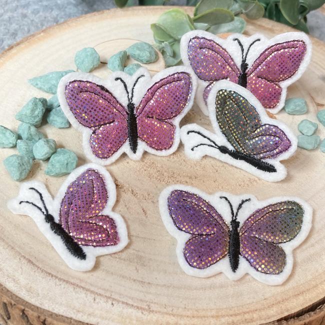 Applikation gestickte Schmetterlinge / Glitzer Regenbogenfarben zum aufbügeln / Aufnäher  für DIY , Taschen, Schultüten, Kissen u.v.m.