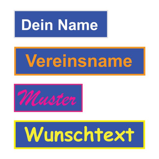 bestickter Aufnäher  Wunschtext & Wunschgröße auf blauen Untergrundstoff