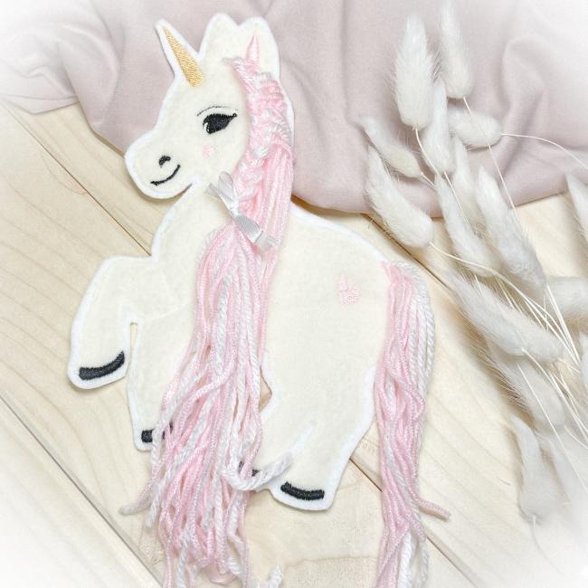 Einhorn Applikation  mit Wollmähne / Bügelbild süßes Einhorn / Patch für DIY