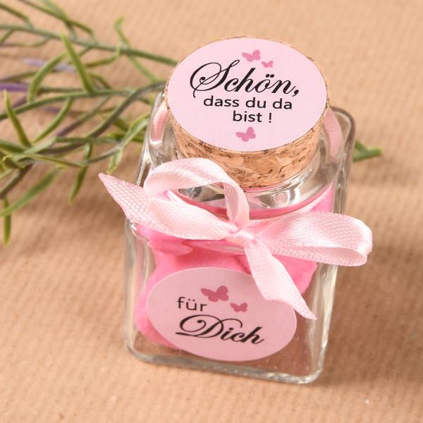 Gastgeschenk Korkenglas & Aufkleber  "Schön dass du da bist"  (A17)