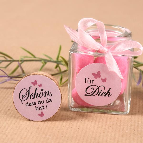 Gastgeschenk Korkenglas & Aufkleber  "Schön dass du da bist"  (A17)