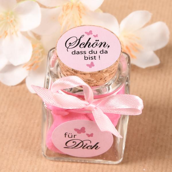 Gastgeschenk Korkenglas & Aufkleber  "Schön dass du da bist"  (A17)