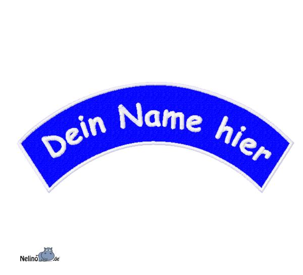 bestickter Aufnäher Bogen oben Wunschtext & Wunschgröße auf blauen Untergrundstoff