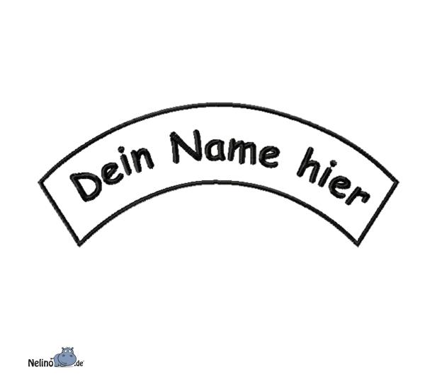 bestickter Aufnäher Bogen oben Wunschtext & Wunschgröße auf weißen Untergrundstoff