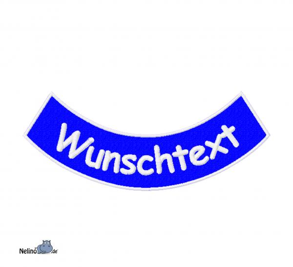 bestickter Aufnäher Bogen unten Wunschtext & Wunschgröße auf blauen Untergrundstoff