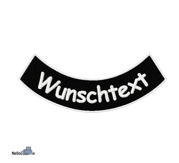 bestickter Aufnäher Bogen unten Wunschtext & Wunschgröße auf schwarzen Untergrundstoff