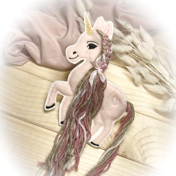 Einhorn Applikation  mit Wollmähne / Bügelbild süßes Einhorn rosa / Patch für DIY