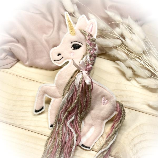 Einhorn Applikation  mit Wollmähne / Bügelbild süßes Einhorn rosa / Patch für DIY