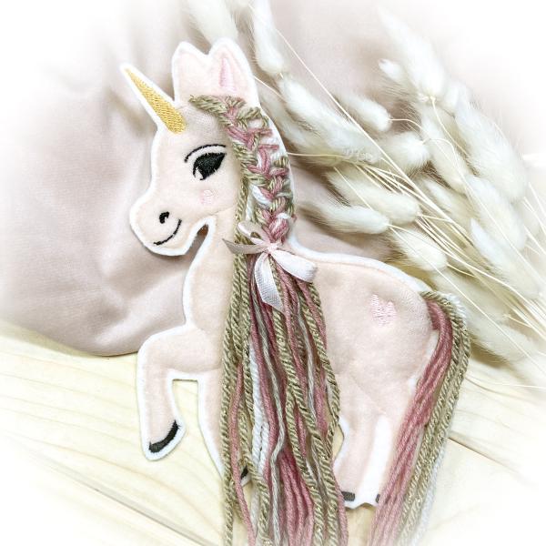 Einhorn Applikation  mit Wollmähne / Bügelbild süßes Einhorn rosa / Patch für DIY