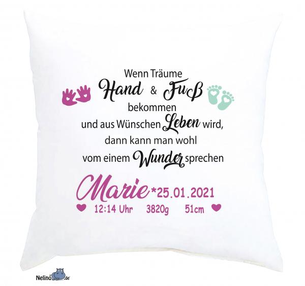 Kissen "Wenn Träume Hand und Fuß..." mit Name & Geburtsdaten