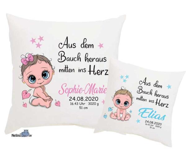Kissen süßes Baby " Aus dem Bauch mitten ins Herz " mit Name & Geburtsdaten