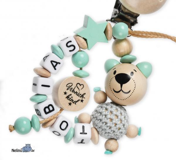 Schnullerkette Wunschkind als Seitenableger mit 3D Bär und Stern