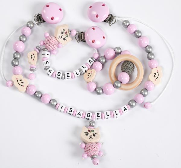 3 teiliges Set  Schnullerkette, Kinderwagenkette & Greifring mit Wunschname  für Mädchen