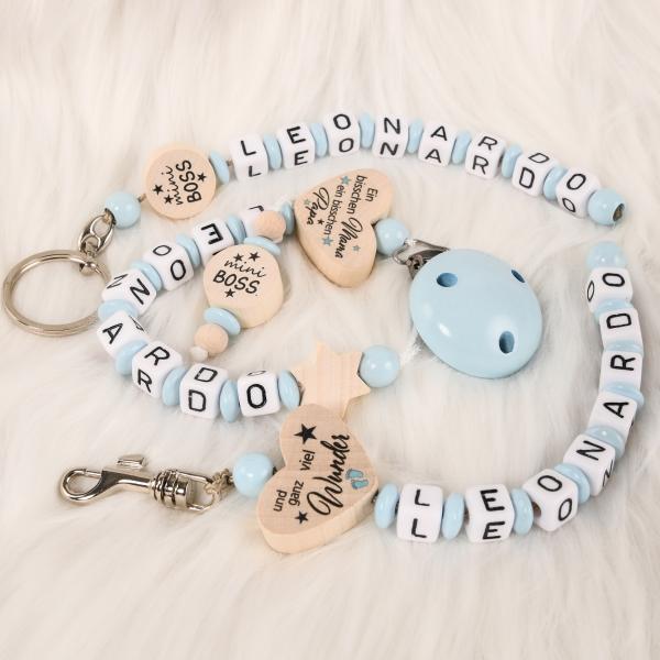 5 teiliges Set Kinderwagenkette, Greifring , Schnullerkette, Taschenanhänger & Schlüsselanhänger "mini Boss"