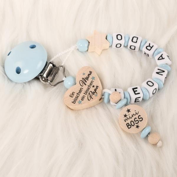 5 teiliges Set Kinderwagenkette, Greifring , Schnullerkette, Taschenanhänger & Schlüsselanhänger "mini Boss"