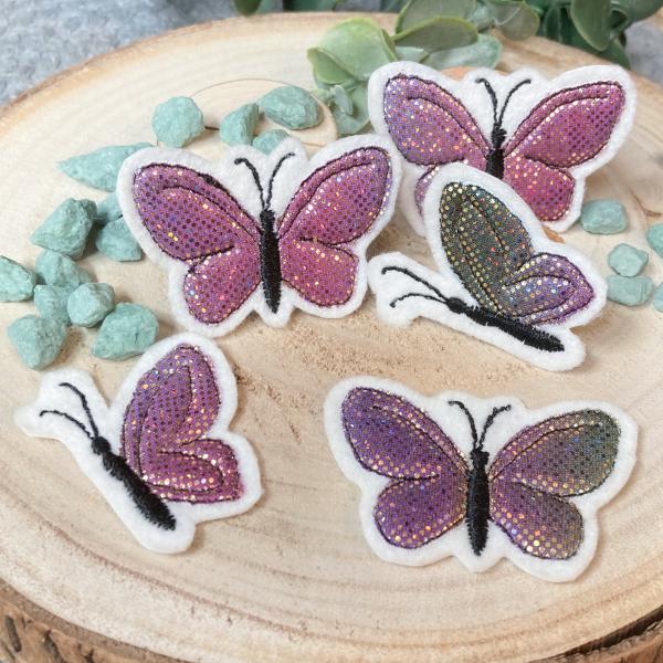 Applikation gestickte Schmetterlinge / Glitzer Regenbogenfarben zum aufbügeln / Aufnäher  für DIY , Taschen, Schultüten, Kissen u.v.m.