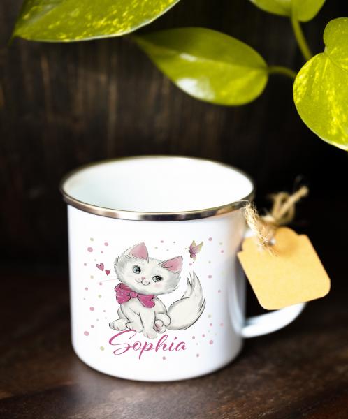 Emailletasse Süße Katze mit Name,  Tassengeschenk