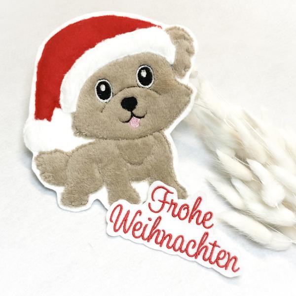 Hund Applikation Set mit Weihnachtsmütze & Schriftzug / Patch für DIY / 3D Effekt