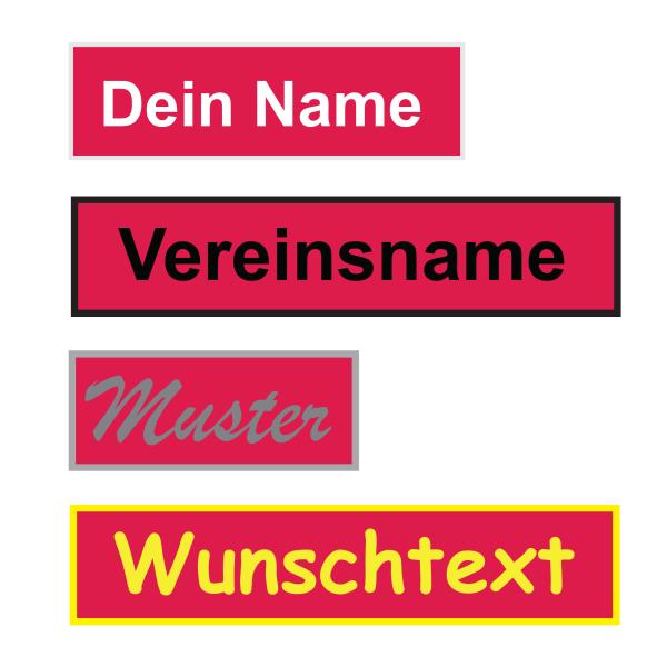 bestickter Aufnäher  Wunschtext & Wunschgröße auf roten Untergrundstoff
