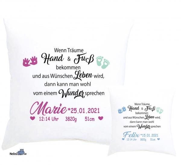 Kissen "Wenn Träume Hand und Fuß..." mit Name & Geburtsdaten