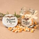 Gastgeschenk Hochzeit, Rundglas mit Deckel & personalisierten Aufklebern