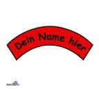 bestickter Aufnäher Bogen oben Wunschtext & Wunschgröße auf roten Untergrundstoff