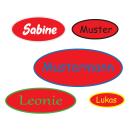 bestickter Aufnäher Oval Wunschtext & Wunschgröße auf roten Untergrundstoff